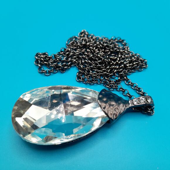 Large Crystal Teardrop Necklace, Long Gunmetal Gray Chain, 42" - Picture 9 of 9
